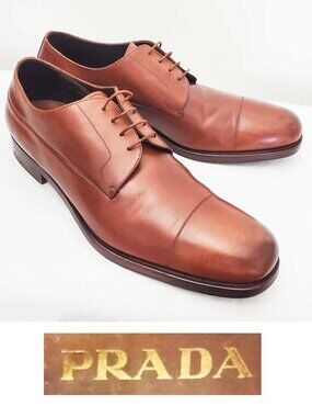 PRADA Men's Brown Leather Cap Toe Derby Dress Shoes 11